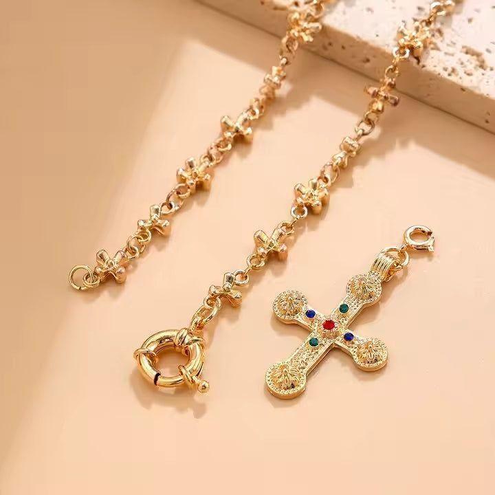 Dreamfix Goth Rhinestone Cross Jesus Pendant Choker Necklace Gold 32.4g - Image 3
